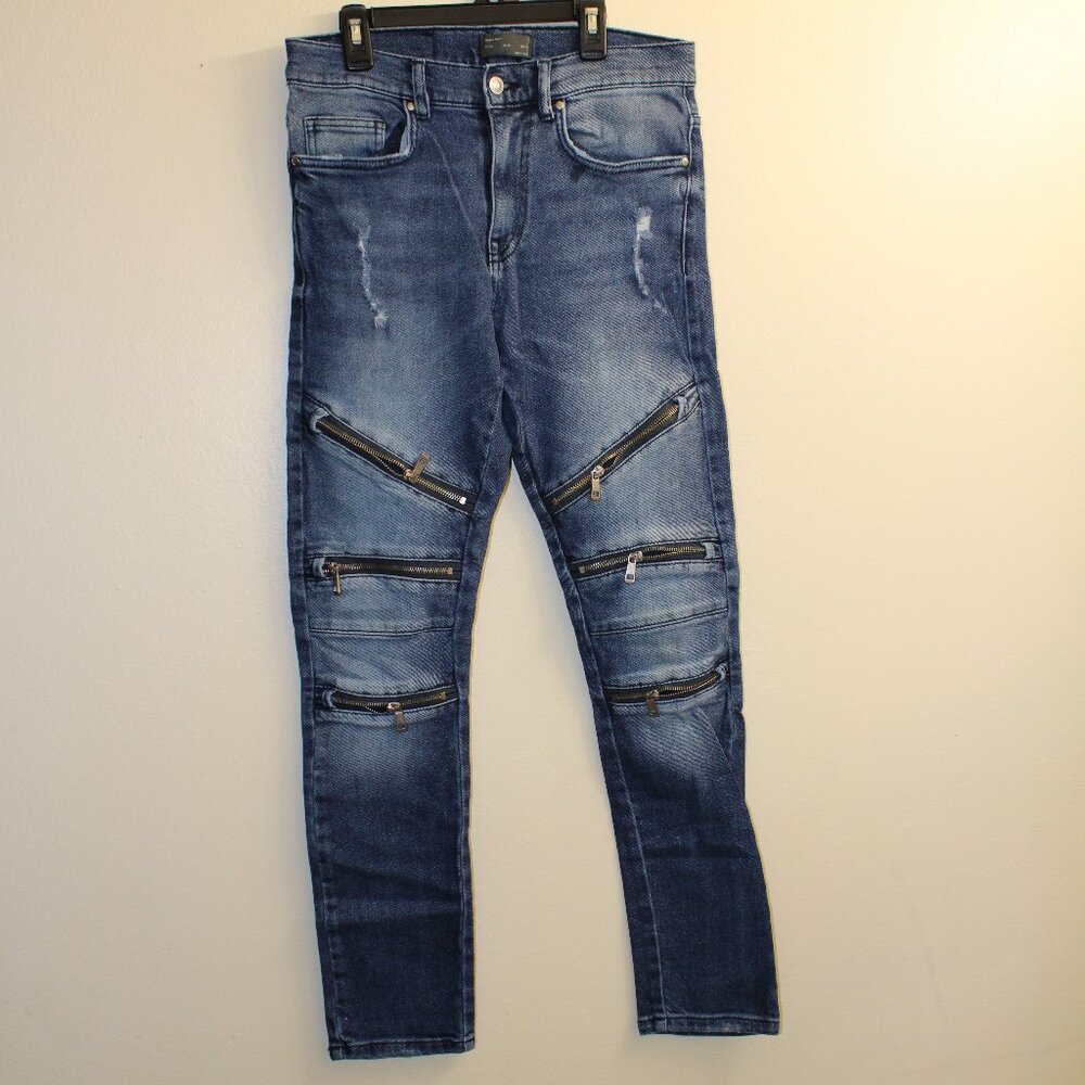 Zara Man Biker Zip Jeans‎ Distressed Moto Denim Slim Fit Size 30